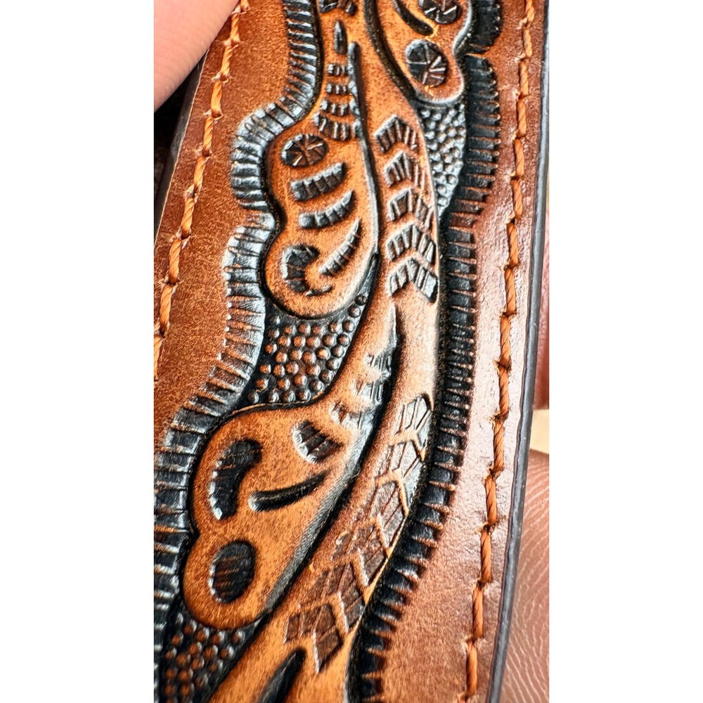 Nocona Belt Co Brown Tooled Leather Western Bull Rider Trophy Buckle Belt 28 - Picture 7 of 7